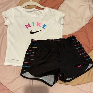 Nike White Tee with Multicolor Logo & Black Shorts with Multicolor Stripes